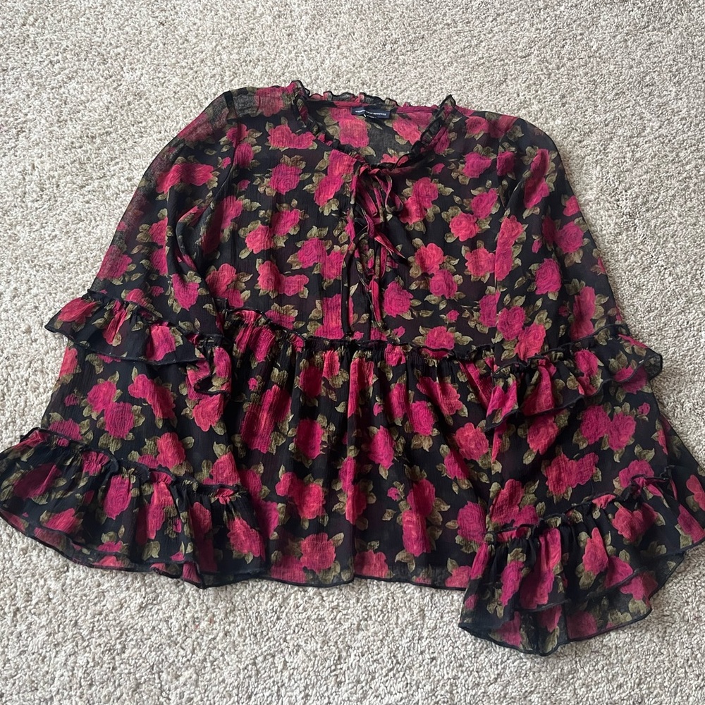 Fairy grunge American Eagle Hot pink rose and black sheer blouse